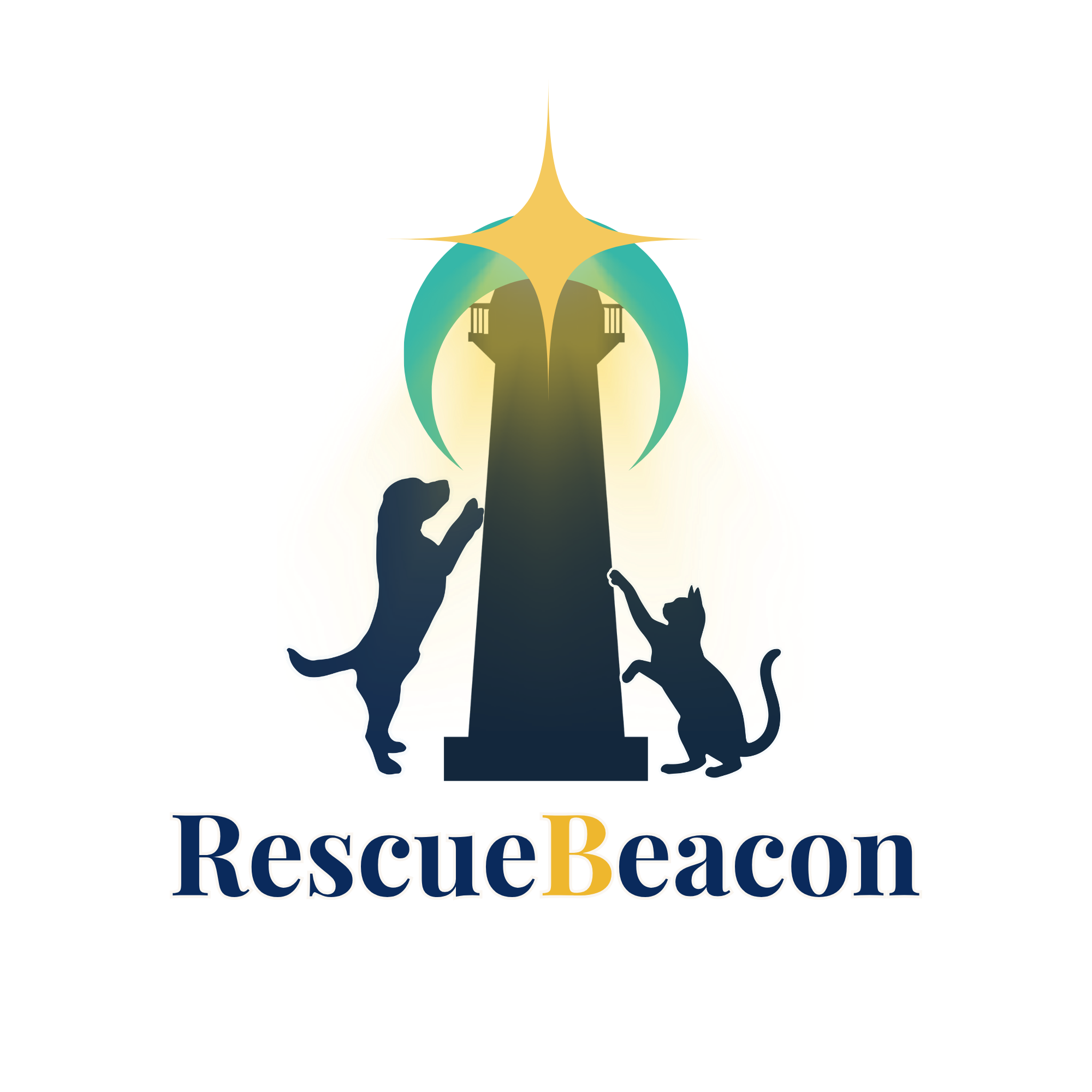 RescueBeacon: a lighthouse beacon with a dog and cat reaching toward its light