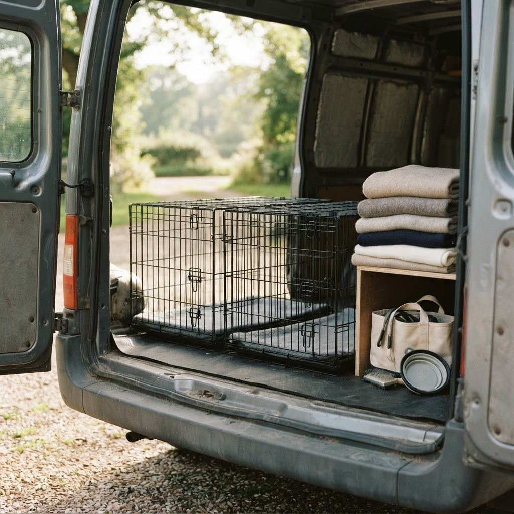 Clean empty wire transport crates lined up in the back of a van with folded blankets